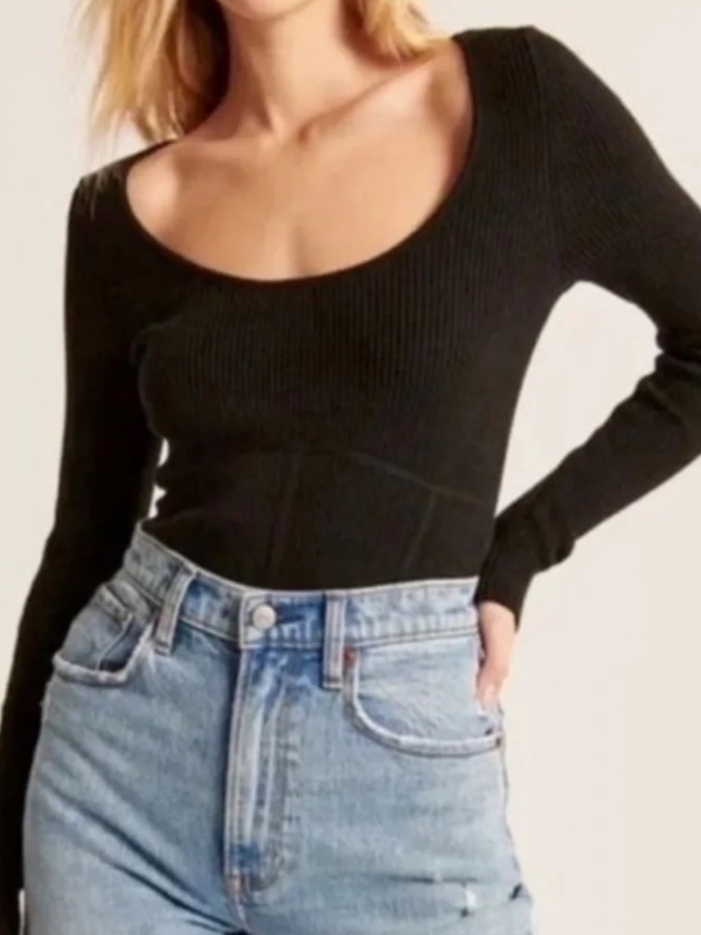 Abercrombie & Fitch  Ribbed Scoop Neck Corset Style Sweater Black
